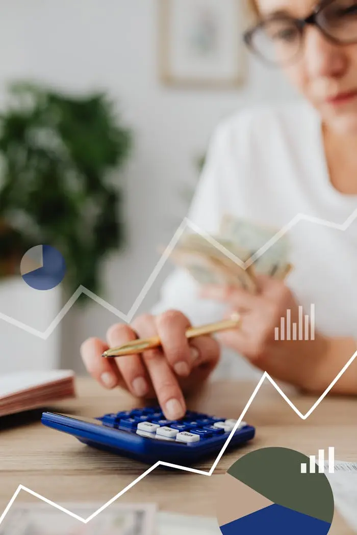 who-we-are Woman using calculator with financial graph overlay, indicating data analysis and finance planning.