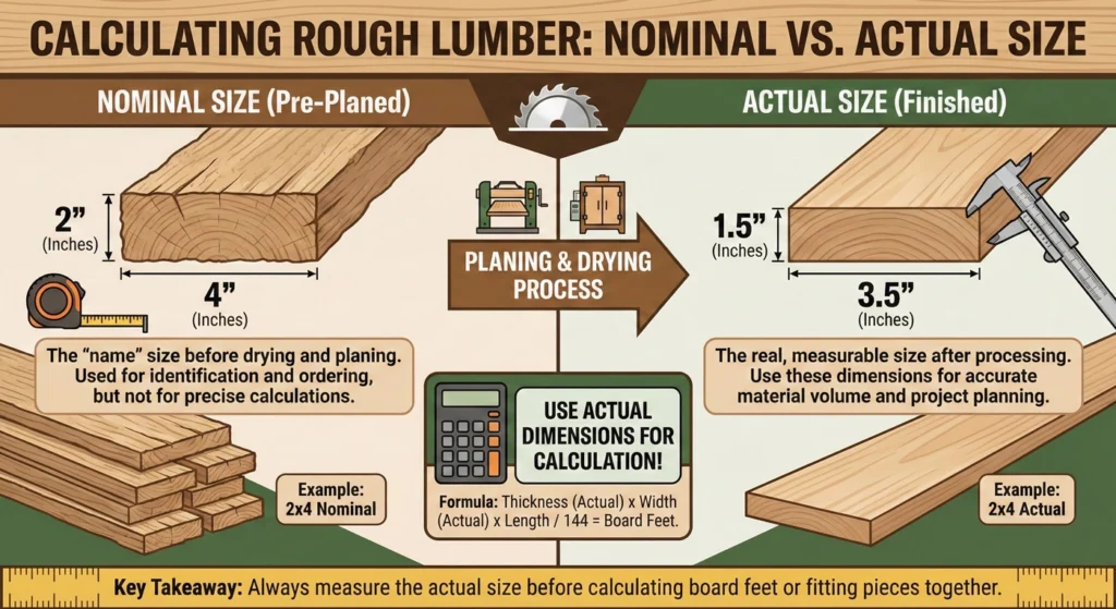 Calculating Rough Lumber Nominal vs. Actual Size-infographic