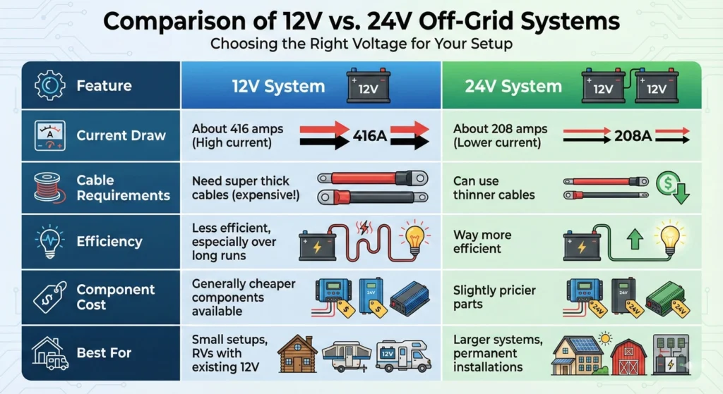 Comparison of 12V vs. 24V Off-Grid Systems-infographic
