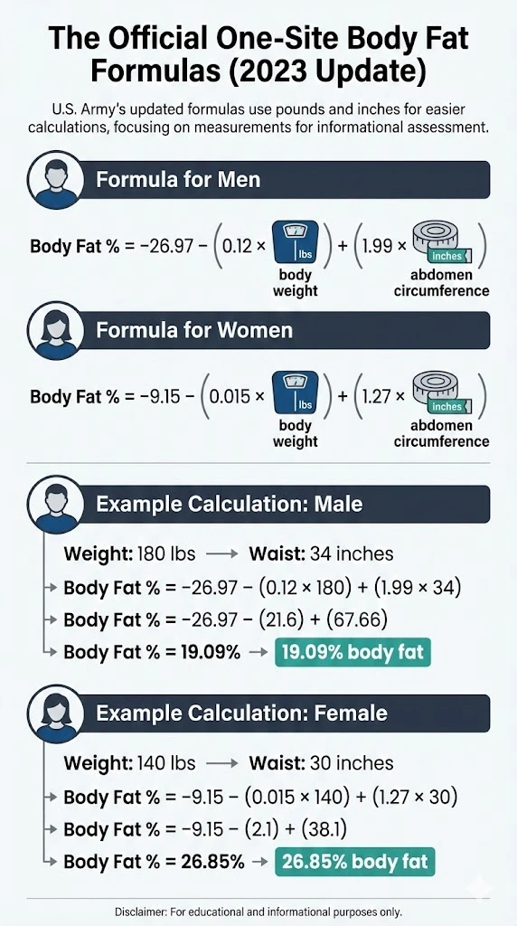 The Official One-Site Body Fat Formulas (2023 Update)

The Army's new formulas work with imperial units (pounds and inches), which makes calculations easier for most Americans. These formulas might look a bit intimidating at first, but they're actually pretty straightforward:

For Men: Body fat % = -26.97 – (0.12 × body weight) + (1.99 × abdomen circumference)

For Women: Body Fat % = -9.15 – (0.015 × body weight) + (1.27 × abdomen circumference)

Let's walk through a quick example:

For a 180-pound male soldier with a 34-inch waist: Body fat % = -26.97 - (0.12 × 180) + (1.99 × 34) Body fat % = -26.97 - 21.6 + 67.66 Body fat % = 19.09%

For a 140-pound female soldier with a 30-inch waist: Body fat % = -9.15 - (0.015 × 140) + (1.27 × 30) Body fat % = -9.15 - 2.1 + 38.1 Body fat % = 26.85%

Using an army calculator body fat estimator based on these formulas can save you from doing the math yourself, but now you understand exactly what's happening behind the scenes!